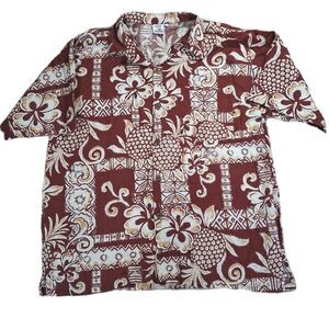 ​Mandy Hawaiian Shirt Mens Large Brown Aloha Pineapple Hibiscus Floral Button Up